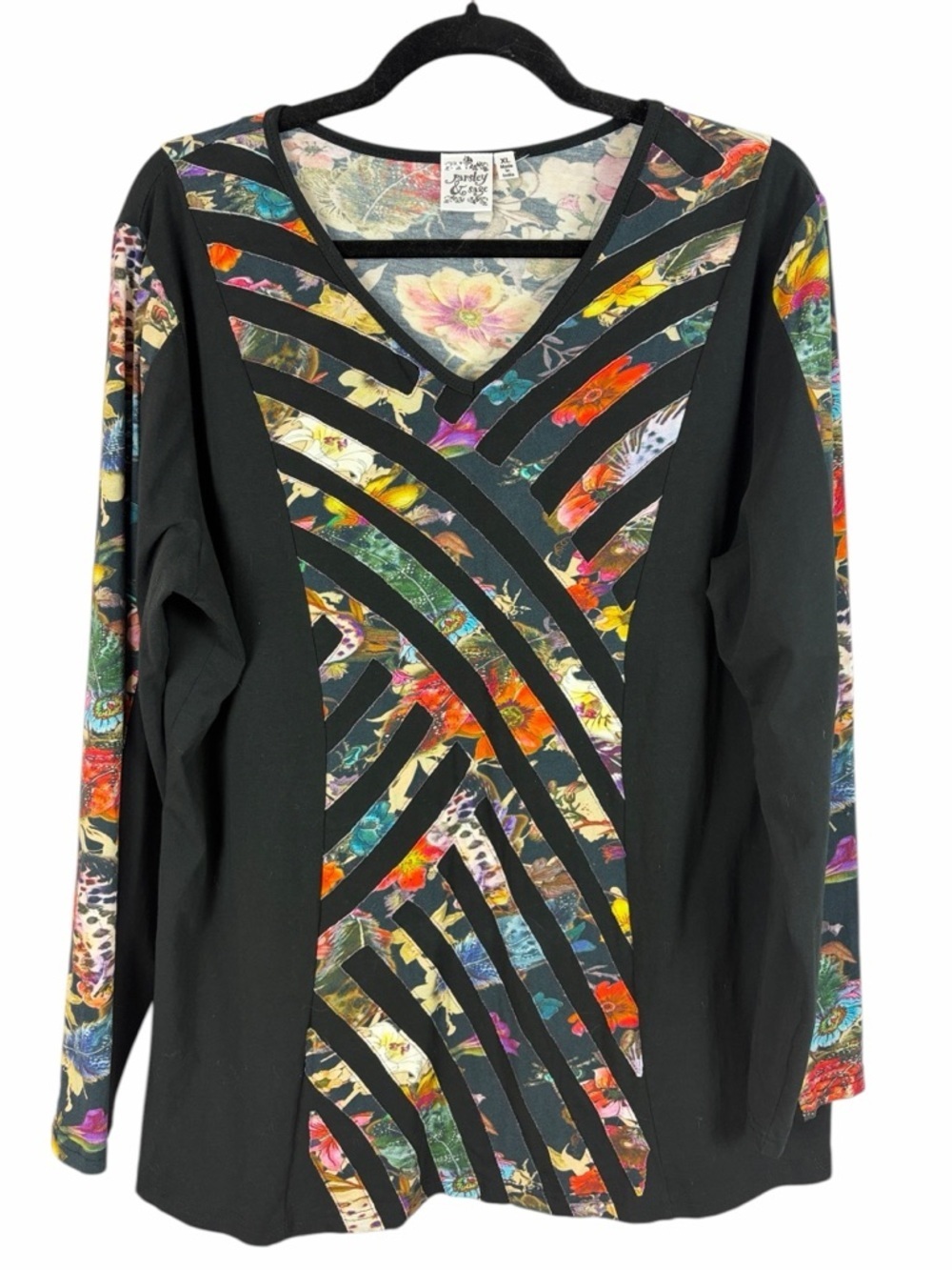 Parsley & Sage Floral Panel Tunic Top XL Black Multicolor V-Neck Stretch Boho